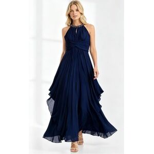 Eliza J Navy High-Neck Beaded Chiffon Gown Women’s Size 14 Formal Dress